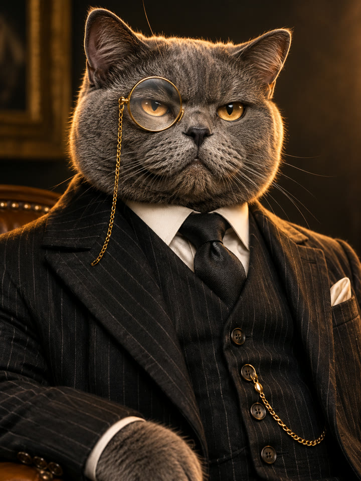 Original reference photo: British shorthair cat in a pinstripe suit and monocle